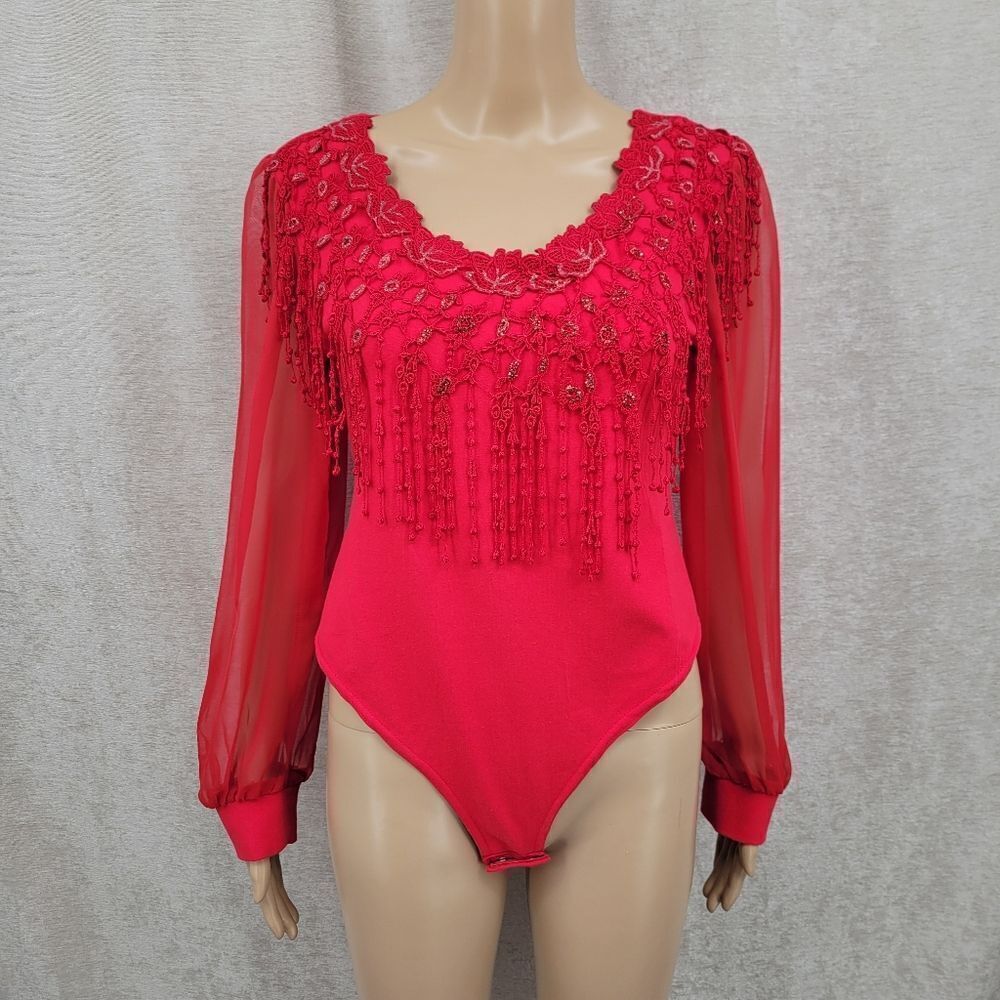 Vonda D's Vintage 80s Red Lace Fringe Bodysuit Long Sheer Sleeves Coquettegirl
